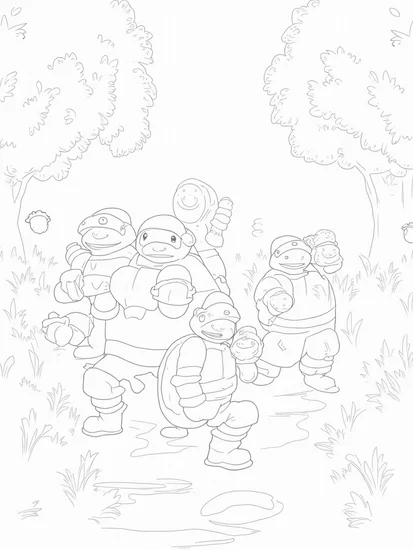 A coloring page of Teenage Mutant Ninja Turtles in an orchard