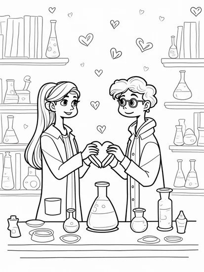A coloring page of Scientists creating heart inventions