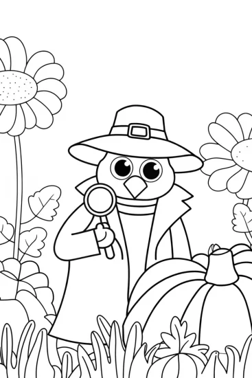 A coloring page of Turkey detective in a garden