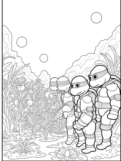 A coloring page of Teenage Mutant Ninja Turtles gardening