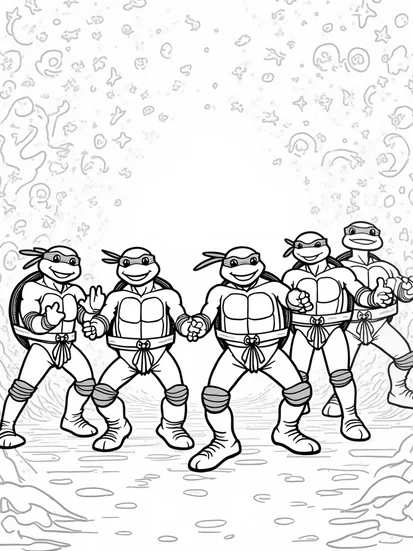 A coloring page of Teenage Mutant Ninja Turtles dance-off