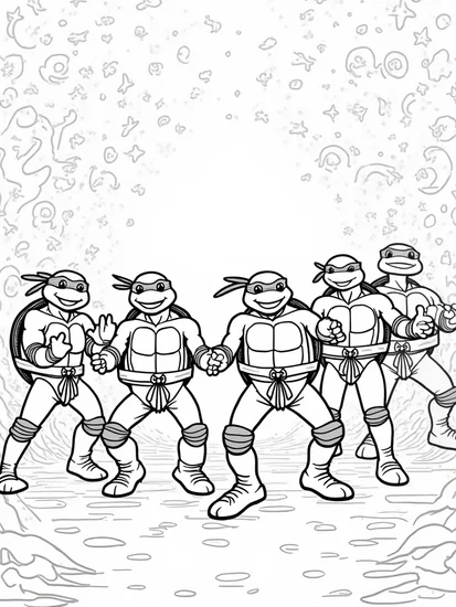 A coloring page of Teenage Mutant Ninja Turtles dance-off