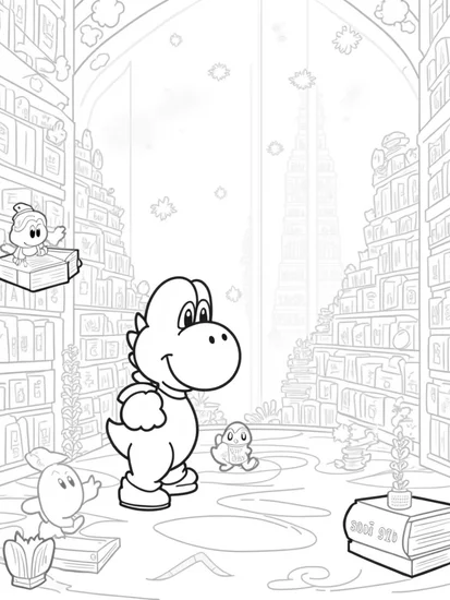 A coloring page of Yoshi in a magical library