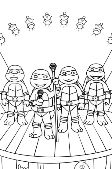 A coloring page of Teenage Mutant Ninja Turtles talent show