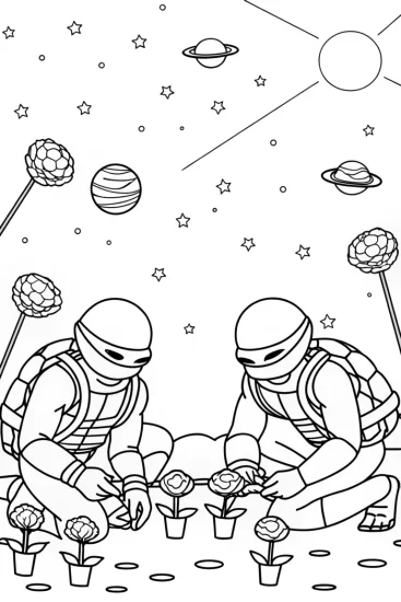 A coloring page of Teenage Mutant Ninja Turtles gardening