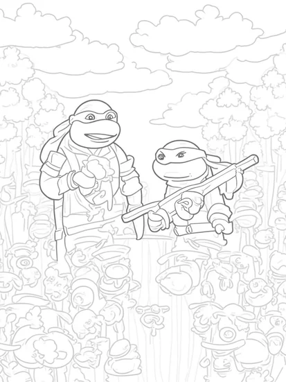 A coloring page of Turtles in a candy kingdom