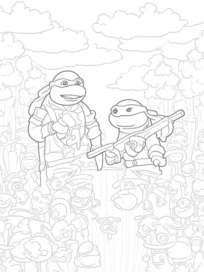 A coloring page of Turtles in a candy kingdom
