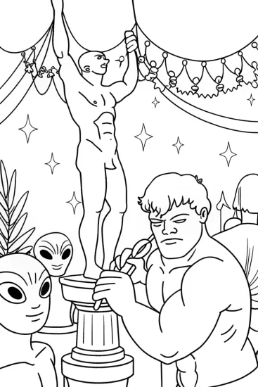 A coloring page of Hulk at the Intergalactic Art Fair Coloring Page