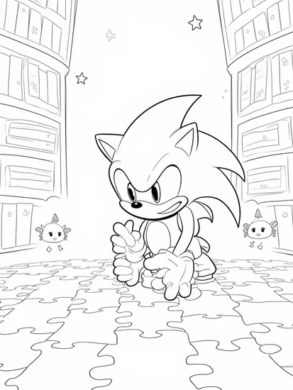 A coloring page of Super Sonic solving a puzzle