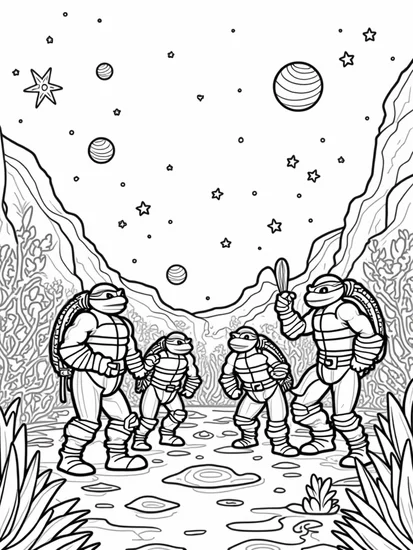 A coloring page of Teenage Mutant Ninja Turtles treasure hunt