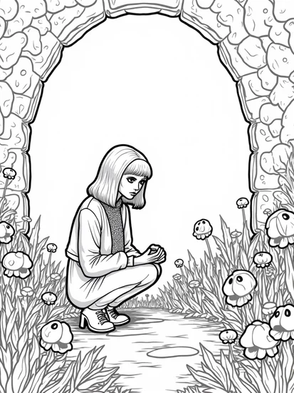 A coloring page of Wednesday in the enchanted garden