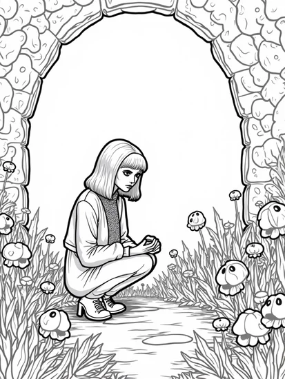 A coloring page of Wednesday in the enchanted garden