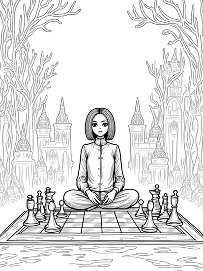 A coloring page of Wednesday Addams chess game