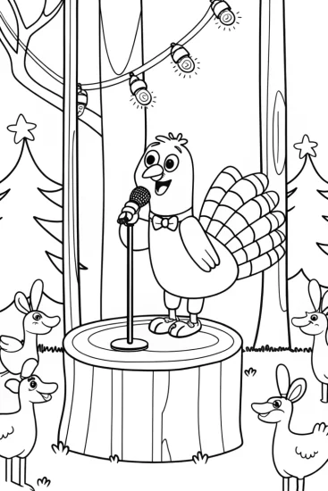 A coloring page of Turkey performing stand-up comedy