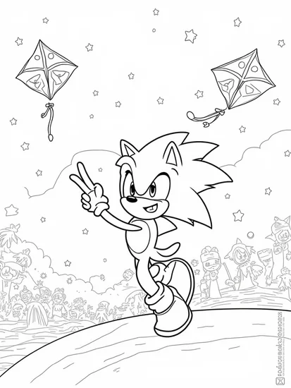 A coloring page of Super Sonic flying a kite