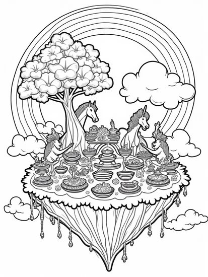 A coloring page of Thanksgiving on a floating island