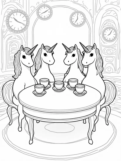 A coloring page of Unicorns in a time-traveling tea room