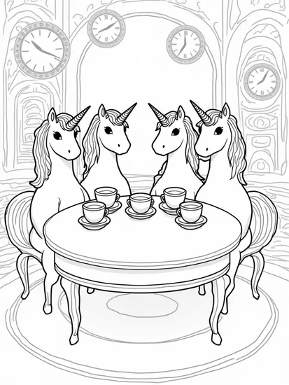 A coloring page of Unicorns in a time-traveling tea room
