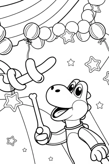 A coloring page of Yoshi making balloon animals