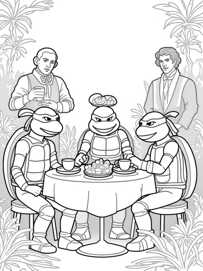A coloring page of Teenage Mutant Ninja Turtles tea party