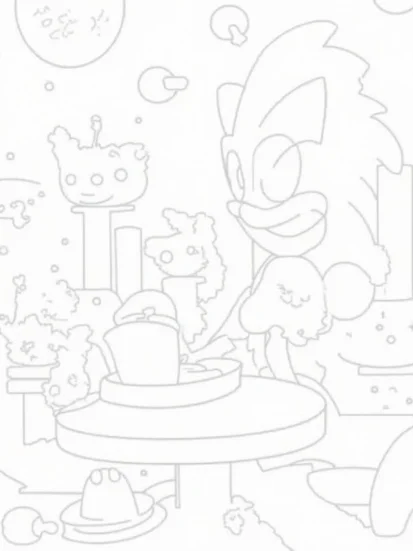 A coloring page of Super Sonic’s coffee break