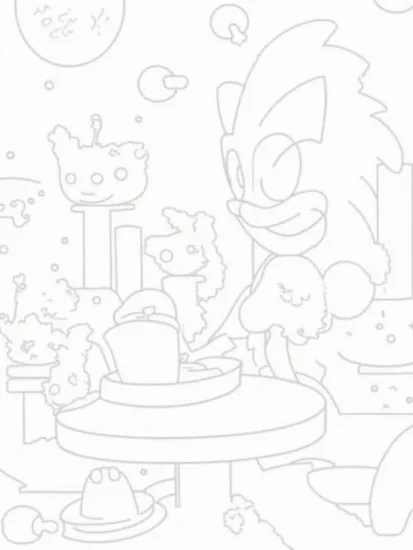 A coloring page of Super Sonic’s coffee break