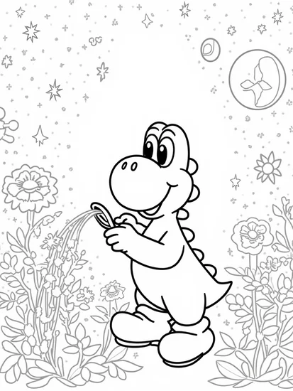 A coloring page of Yoshi watering magical flowers