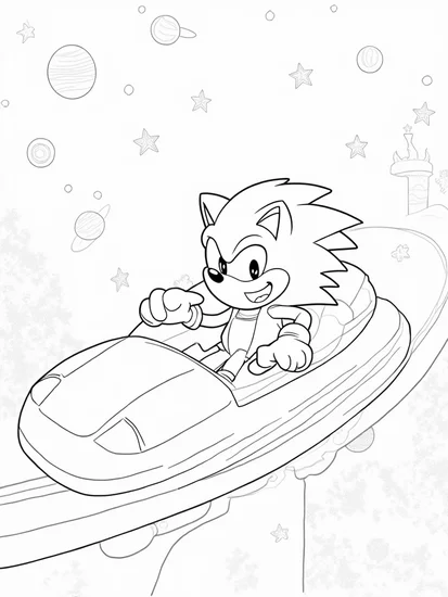 A coloring page of Super Sonic on a roller coaster