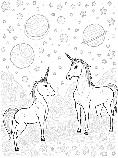 A coloring page of Unicorns at the Galactic Craft Fair
