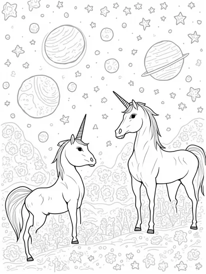 A coloring page of Unicorns at the Galactic Craft Fair