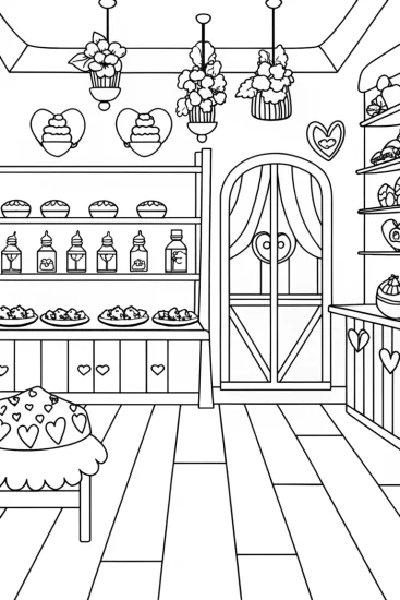 A coloring page of Enchanted love potion bakery