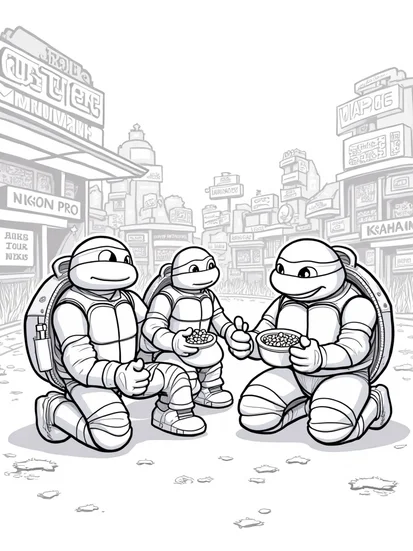 A coloring page of Teenage Mutant Ninja Turtles at zoo