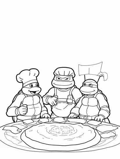 A coloring page of Teenage Mutant Ninja Turtles cooking