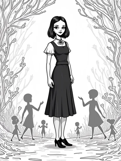 A coloring page of Wednesday Addams in a shadow realm