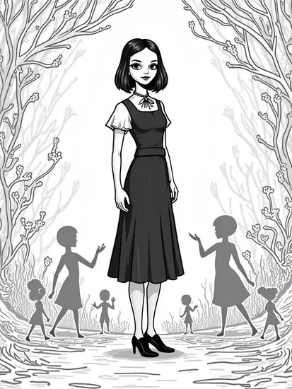 A coloring page of Wednesday Addams in a shadow realm