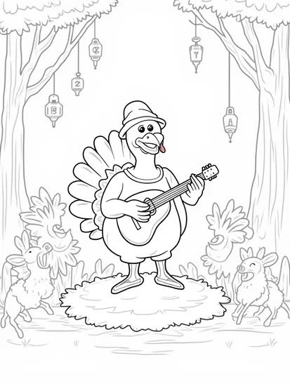 A coloring page of Turkey playing music in the forest