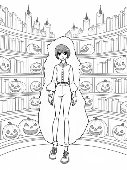 A coloring page of Wednesday Addams in a pumpkin library
