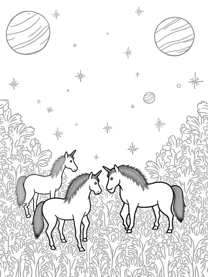 A coloring page of Unicorns in a galactic garden