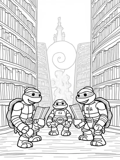 A coloring page of Teenage Mutant Ninja Turtles in a library
