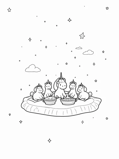 A coloring page of Unicorns having a celestial picnic