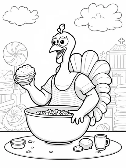 A coloring page of Turkey in a candy factory