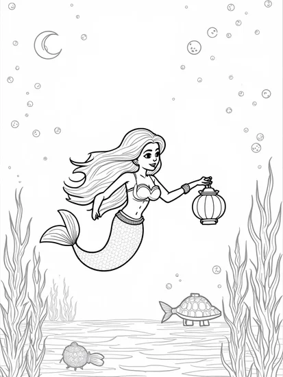 A coloring page of Little mermaid exploring at night