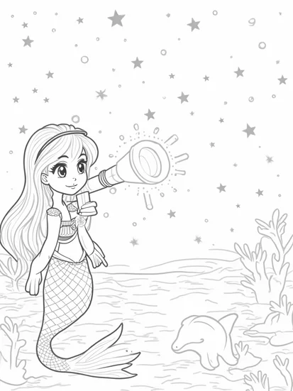 A coloring page of Mermaid astronomer scene