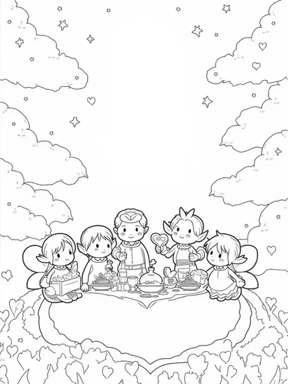 A coloring page of Fairies and elves picnic in the sky