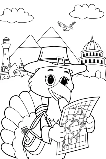 A coloring page of Turkey Tom on a treasure map