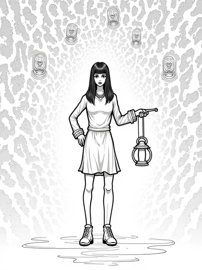 A coloring page of Wednesday Addams in a mirror maze