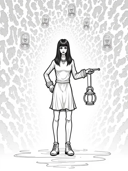 A coloring page of Wednesday Addams in a mirror maze