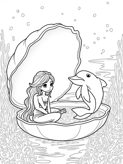 A coloring page of Mermaid in a clam shell observatory