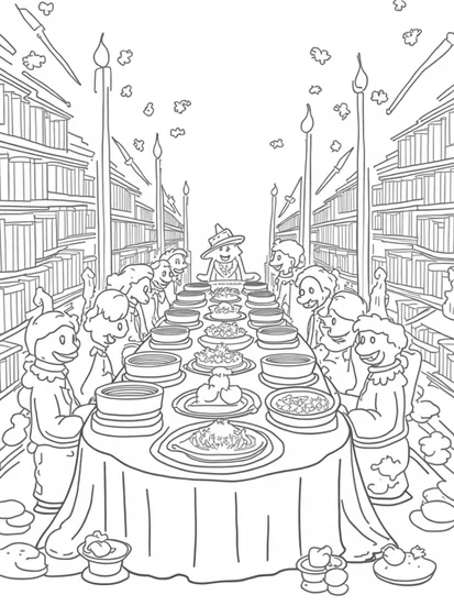 A coloring page of Thanksgiving in the enchanted library