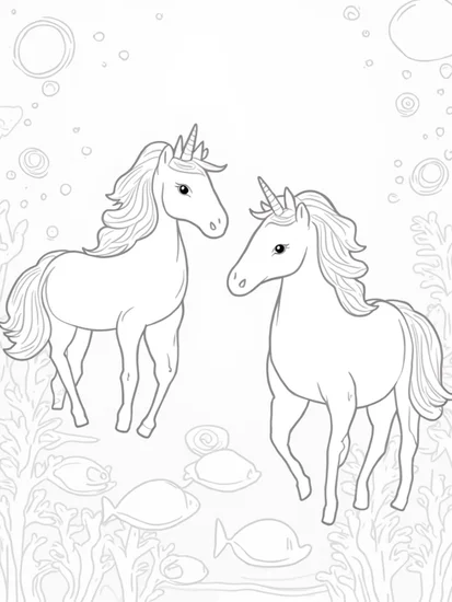 A coloring page of Unicorns exploring an aquarium